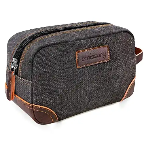Emissary Leather and Canvas Dopp Kit - Travel Toiletry Bag for Men With Shaving Accessories - Gray