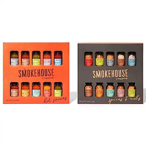 Gourmet Grilling Spice Set and Hot Sauce Gift Set in Mini Glass Bottles - Smokehouse by Thoughtfully