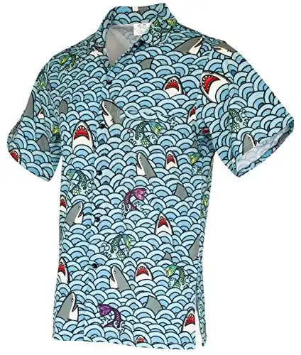 Funny Men Shark Hawaiian Print Button Down Short Sleeve Shirt