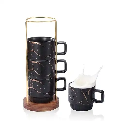 LURRIER Porcelain Large Stackable Coffee Mug Set with Rack and Wooden Base