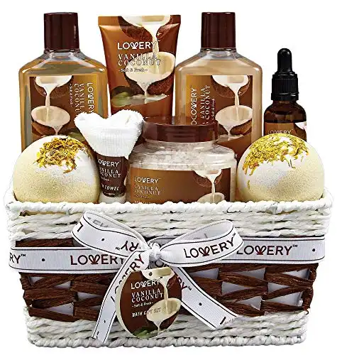 Bath and Body Gift Basket For Women and Men – 9 Piece Set of Vanilla Coconut Home Spa Set