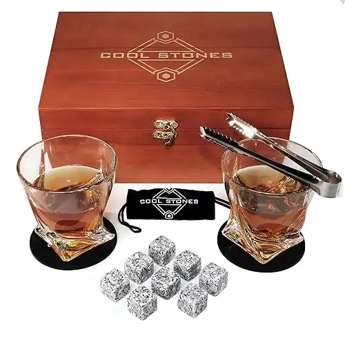 Cool Stones Whiskey Glass Gift Set - 2 Whiskey Glasses and Whiskey Stones with Tongs in Velvet Bag
